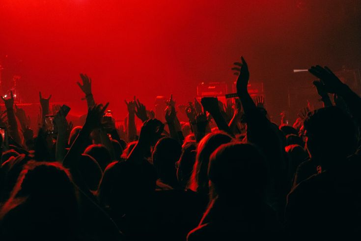Crowd at a live music event with red stage lighting